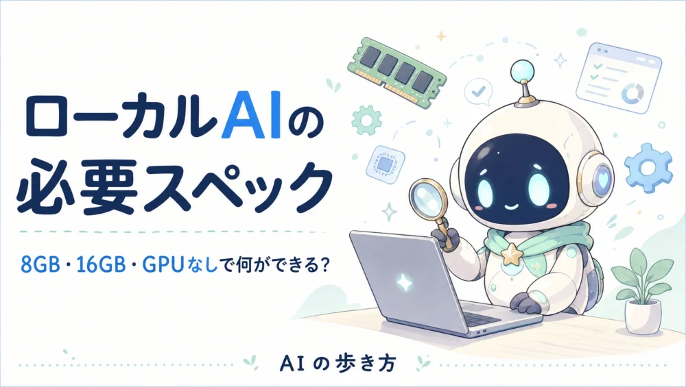 ローカルAIの必要スペックを解説する記事のアイキャッチ。ルミィがノートパソコンのメモリやGPUを確認している