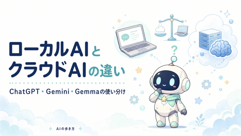ローカルAIとクラウドAIの違いを解説する記事のアイキャッチ。ルミィがクラウドのAIと手元のPCのAIを見比べている