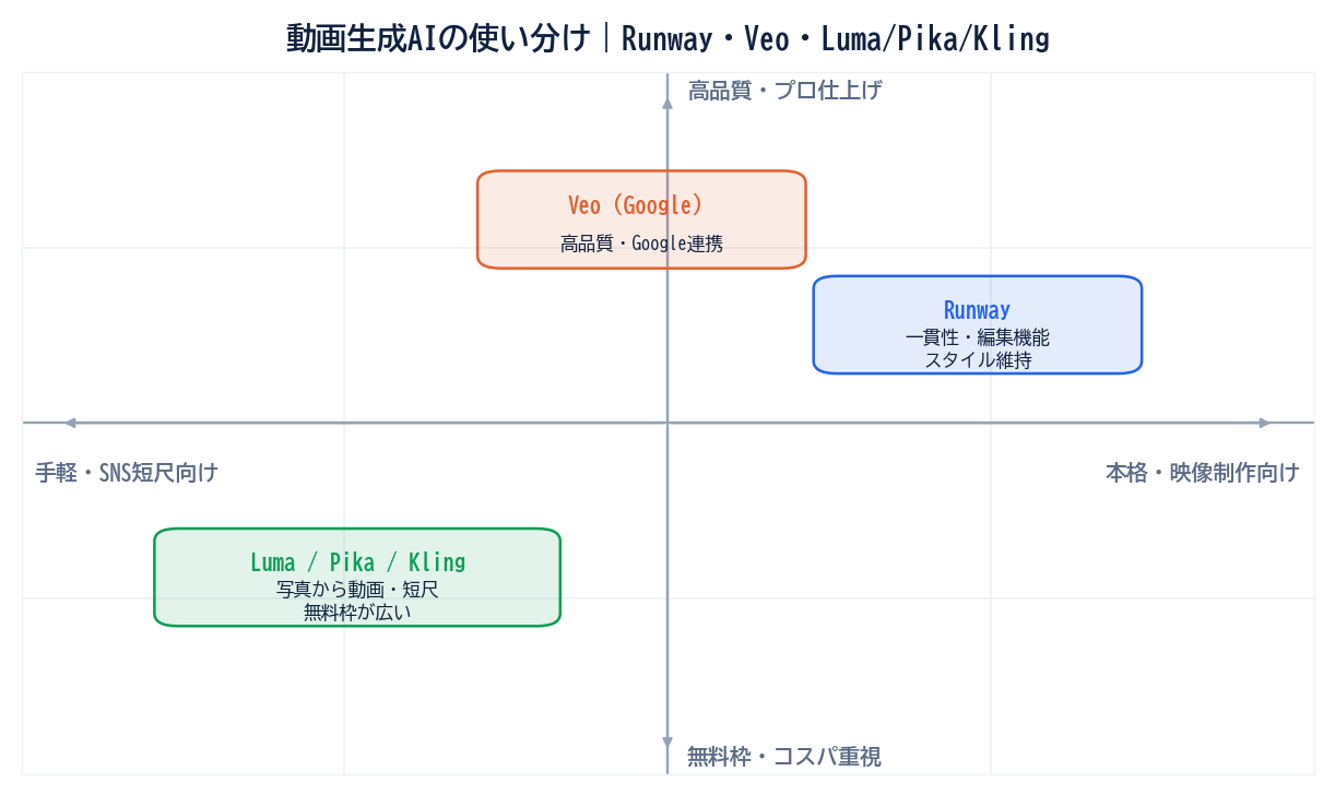 動画生成AIの使い分け図。横軸が手軽・SNS短尺向けから本格・映像制作向け、縦軸が無料枠・コスパ重視から高品質・プロ仕上げ。Runway・Veo・Luma/Pika/Klingを2軸上に配置。