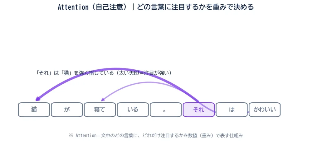Attentionの図解。「猫が寝ている。それはかわいい」という文で、「それ」から「猫」へ太い矢印が伸び、強く注目していることを矢印の太さで表す。