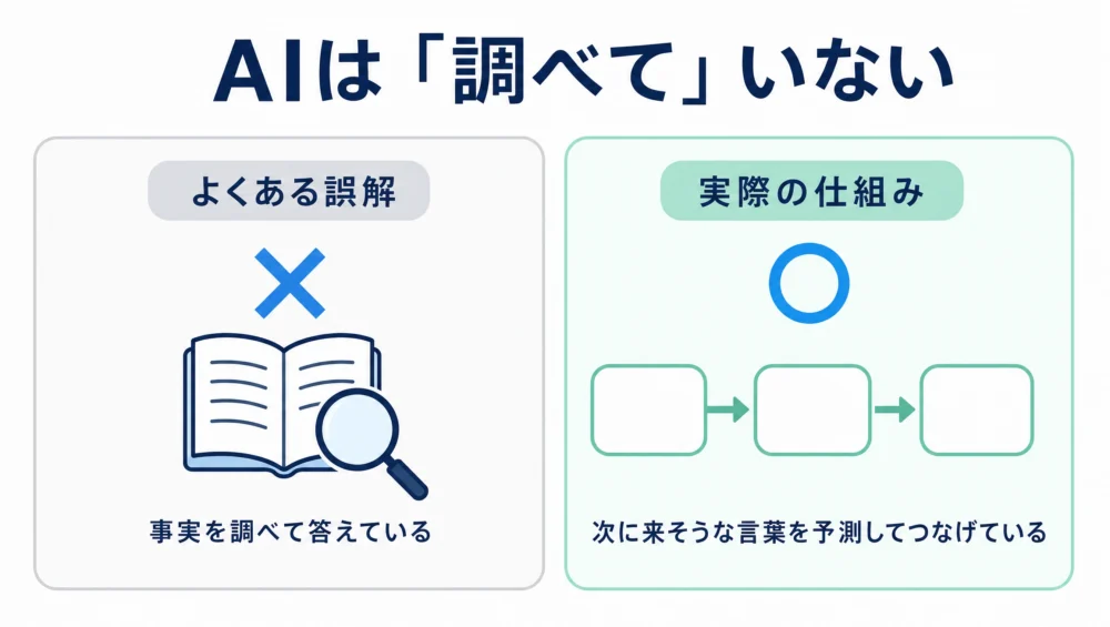 ハルシネーションが起きる理由の図解。AIは事実を調べているのではなく、次に来そうな言葉をつないで文章を作っているため