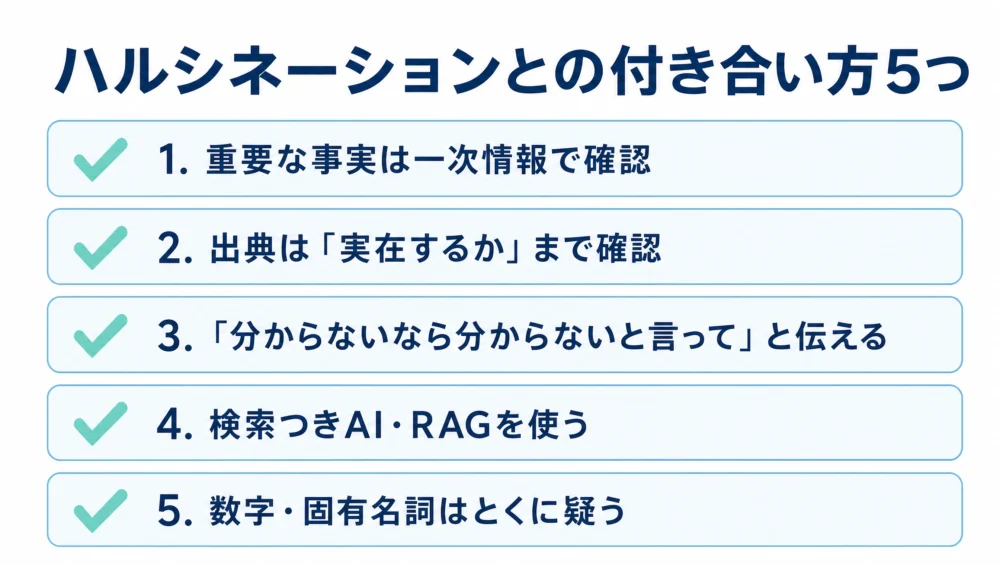 ハルシネーション対策5つの図解。一次情報で確認、出典を出させて確認、分からないと言ってと指示、検索つきAIやRAGを使う、数字・固有名詞はとくに疑う