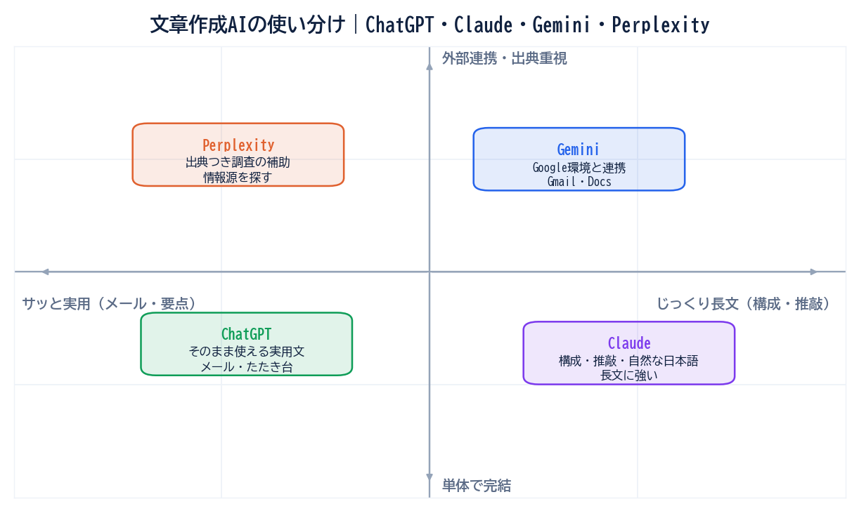 文章作成AIの使い分け図。横軸がサッと実用(メール・要点)からじっくり長文(構成・推敲)、縦軸が単体で完結から外部連携・出典重視。ChatGPT・Claude・Gemini・Perplexityの4つを2軸上に配置。