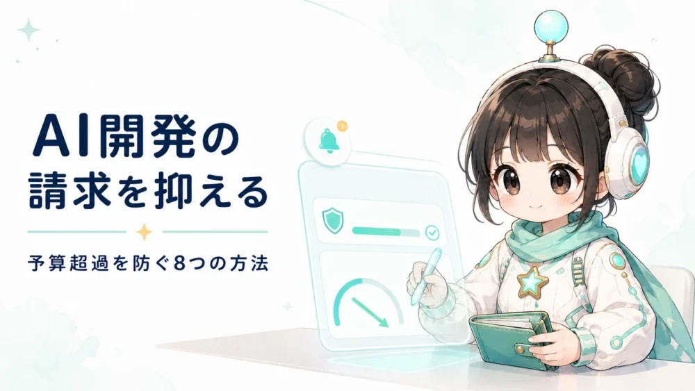 ミニキャラのルミィがAI開発の予算と利用量を管理しているイラスト