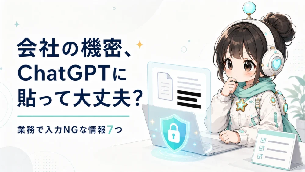 ミニキャラのルミィが会社の機密情報をAIへ入力する前に確認しているイラスト