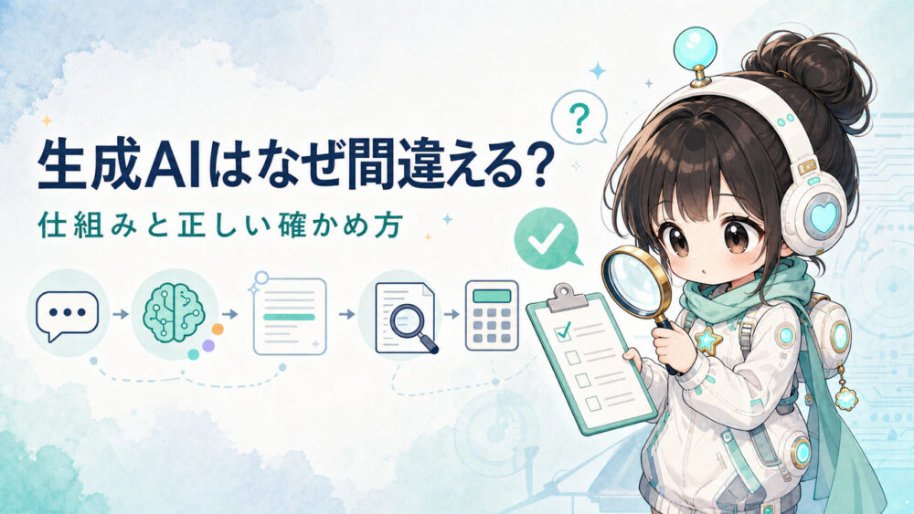 ミニキャラのルミィが生成AIの回答を検証しているイラスト