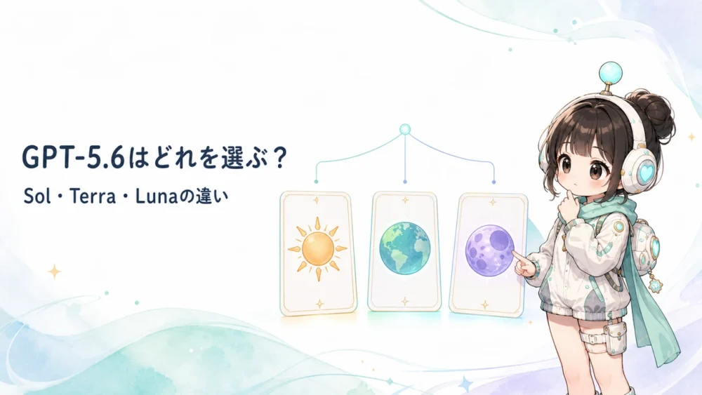 ミニキャラのルミィがGPT-5.6のSol・Terra・Lunaを比較しているイラスト