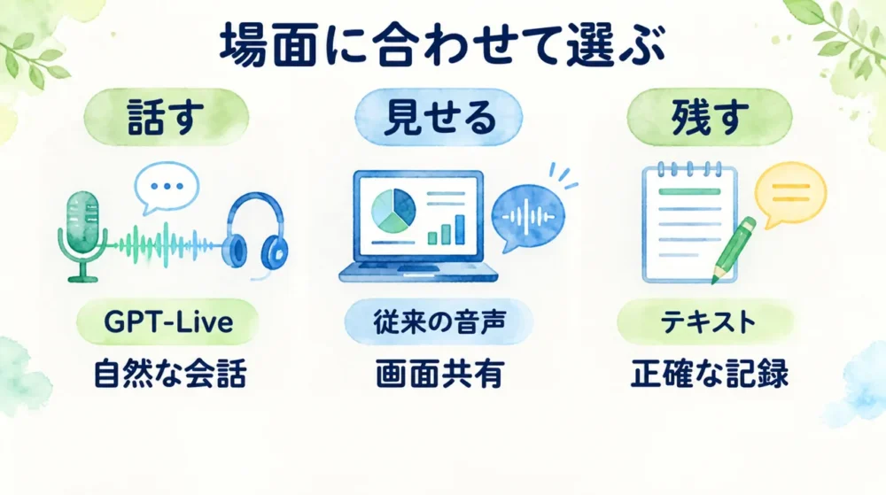 自然な会話はGPT-Live、画面共有は従来モード、正確に残すならテキストという使い分けの図