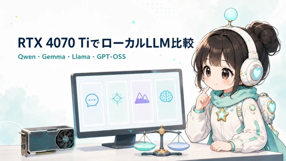 ミニキャラのルミィがRTX 4070 Tiで4種類のローカルLLMを比較しているイラスト