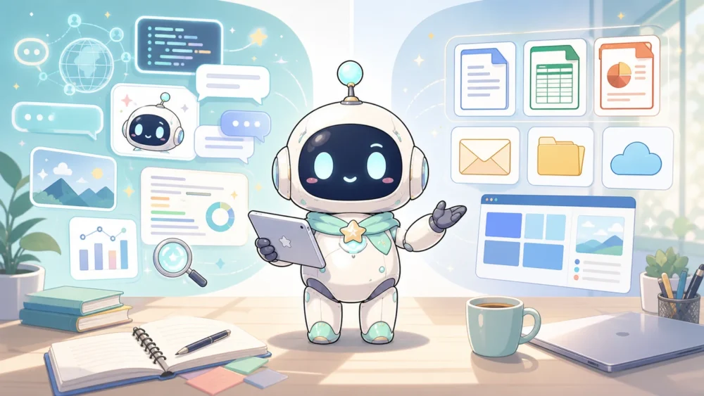 ルミィが汎用AIとMicrosoft 365連携AIの2つの使い方を比較している2Dイラスト