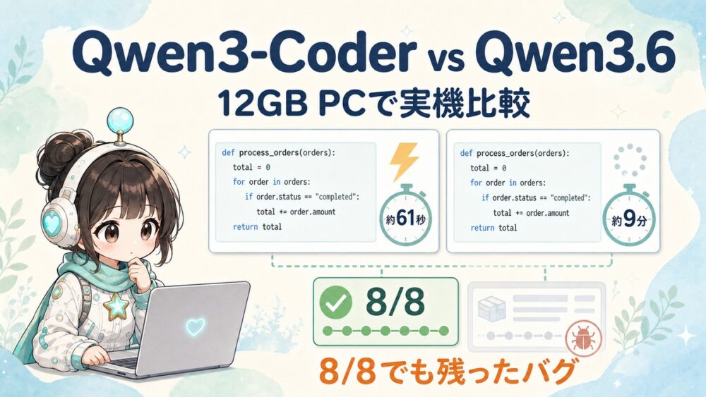 Qwen3-Coder 30BとQwen3.6 27Bを12GB PCで比較｜速度・テスト・危険なバグ